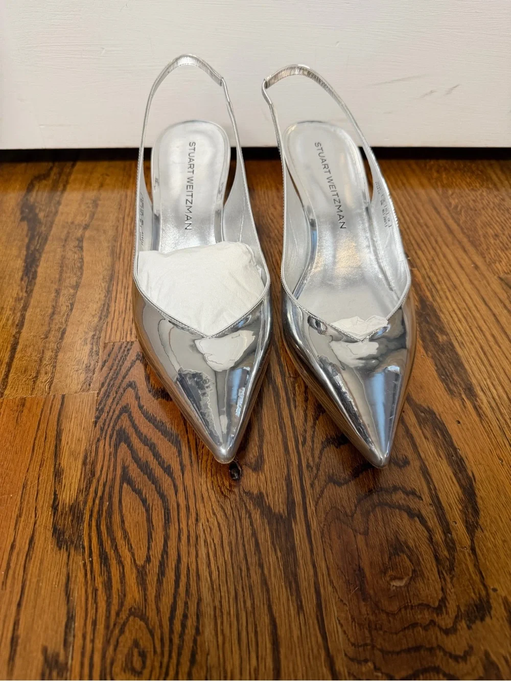 Stuart Weitzman Metallic Silver Pointed Slingback Pumps